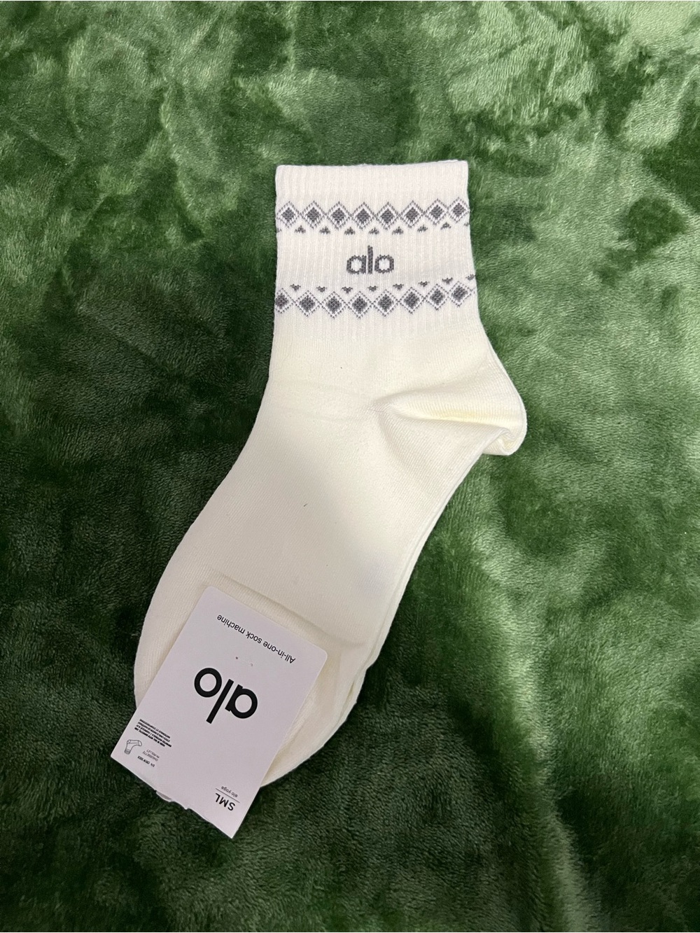 ALO Yoga White Crew Socks with Gray Diamond Trim
